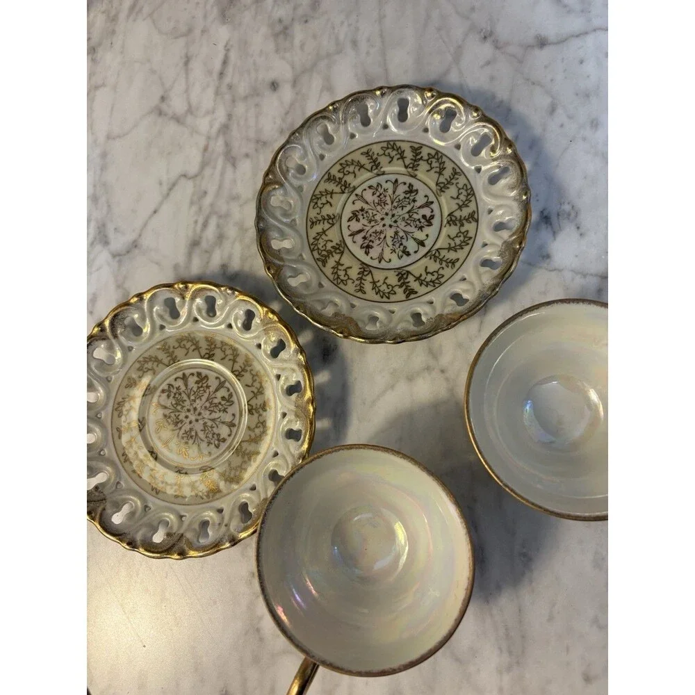 Set of 2 Vintage Yamato Lusterware Tea Cups & Pierced Saucers